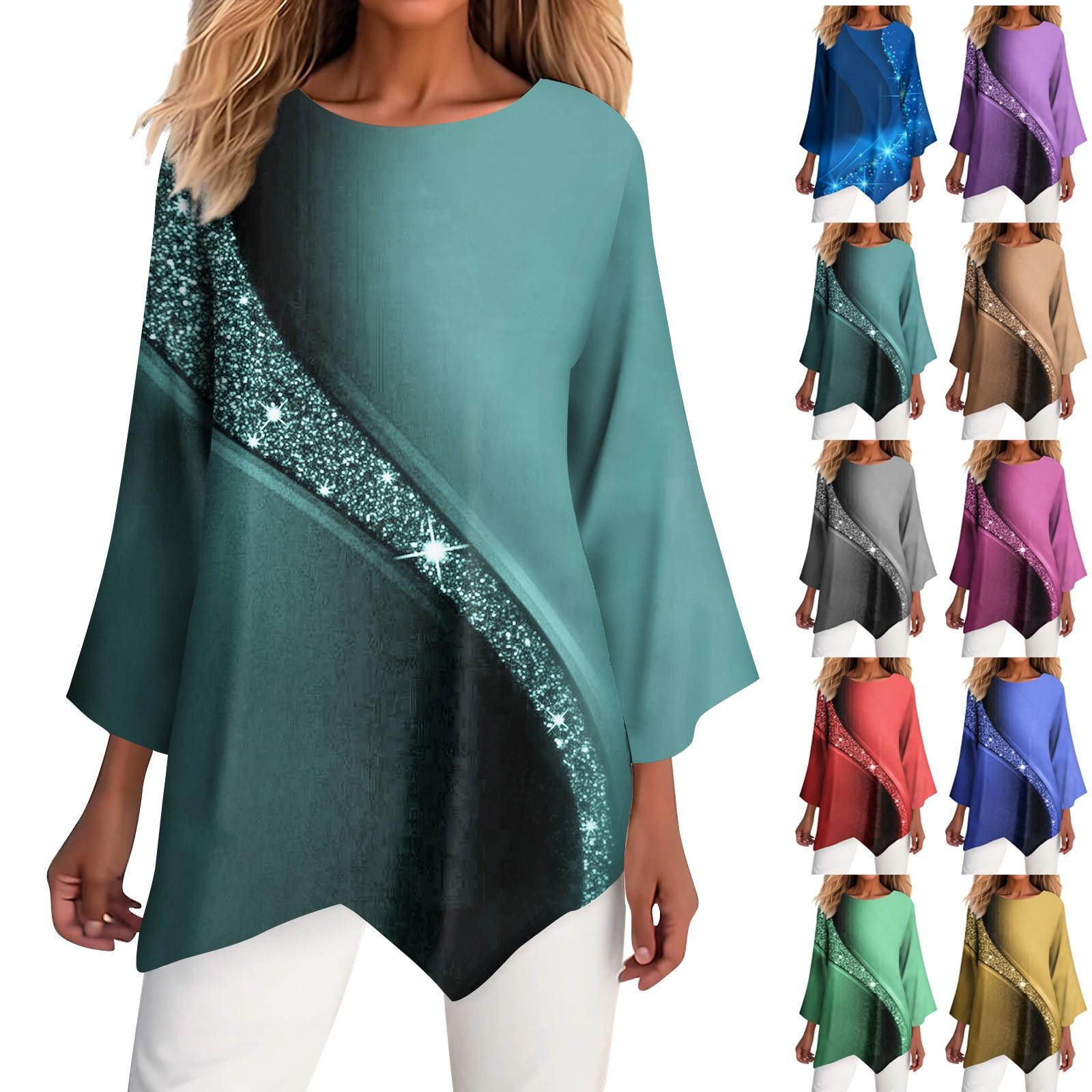 

Women s Fashion Convention Print Round Neck 3/4 Sleeve Irregular Hem T-shirt Top