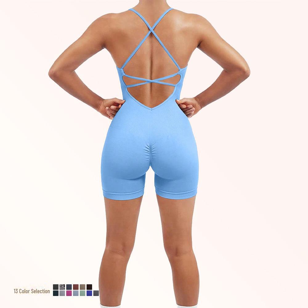 Nahtloser Yoga-Anzug mit Brustpolster - Damen Einteiler Fitness-Shorts & Schönes Rückendesign