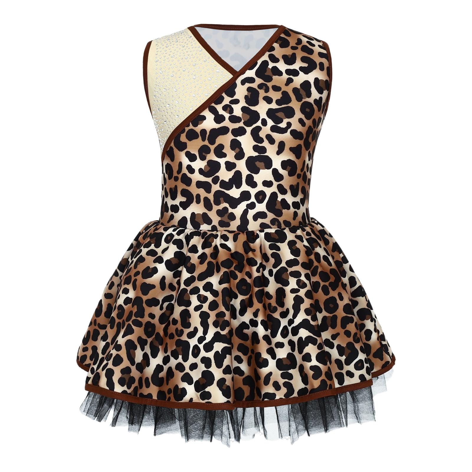 

Girls Prehistoric Cave Costume Leopard Print V Neck Sleeveless Mesh Puffy Dress with Built In Briefs 11-12 Years темно-коричневого кольору