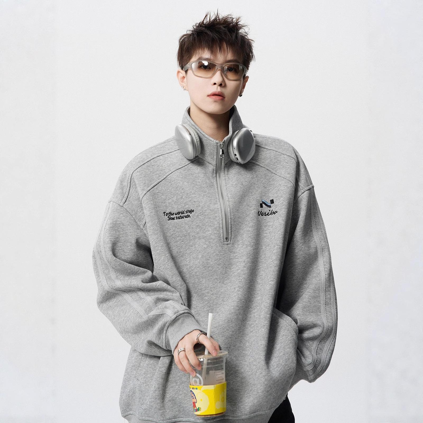 Men s Retro Stand Collar Embroidered Polo Half-Zip Sweatshirt - Trendy American Brand, Loose-Fit, Long-Sleeve, Autumn Style M