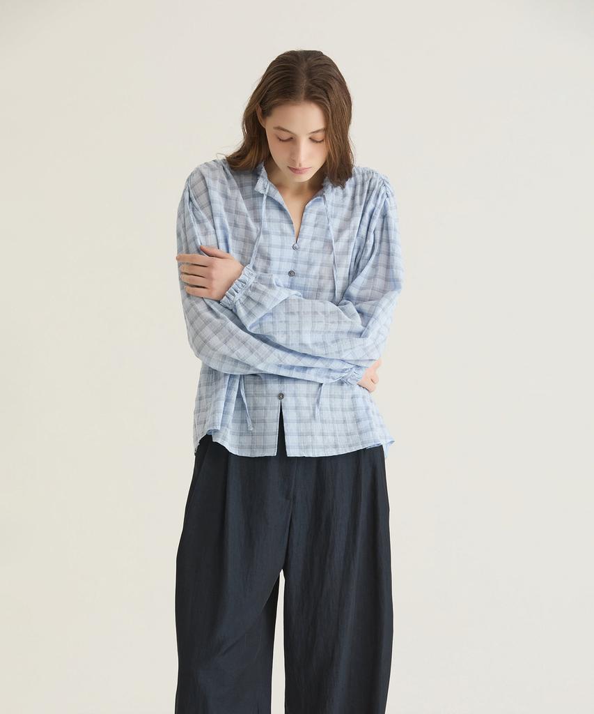 Oteumilkape Check Frill Tie Blouse - Sky Blue