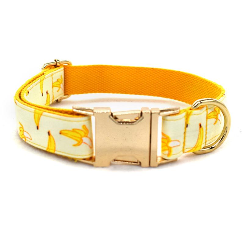 Yellow Banana Pet Collar and Leash Set with Engravable Golden Metal Buckle, 1.5m