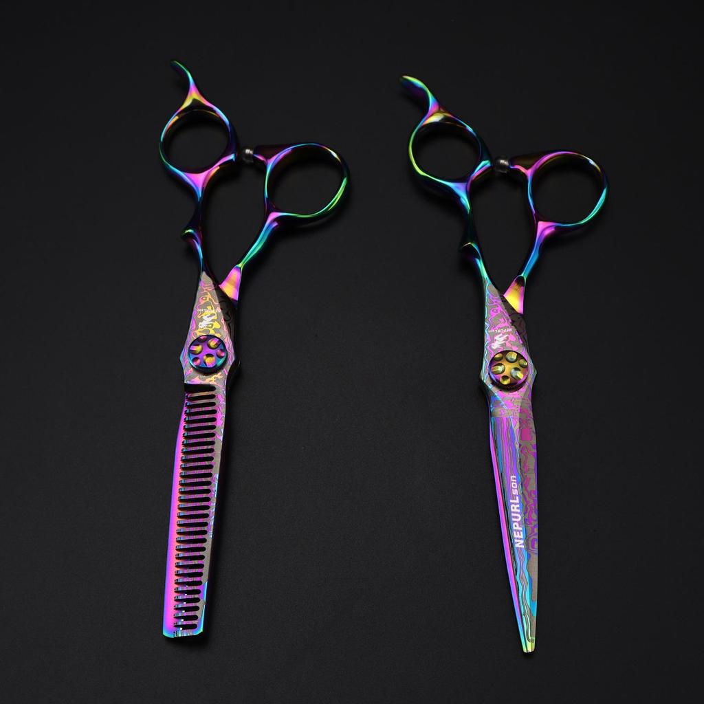 6.0-Inch Color Damascus Hairdressing and Thinning Scissors for Barbers and Bangs