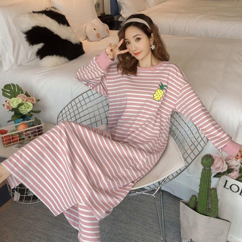 

Женская пижама-ночная сорочка большого размера в полоску в стиле принцессы с длинным рукавом One Size