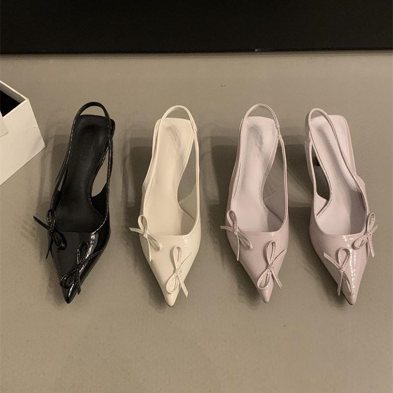 

Фиолетовые женские французские босоножки с бантом на высоком каблуке, пустые летние туфли для светских львиц с острым носком и бантом 40 чёрный