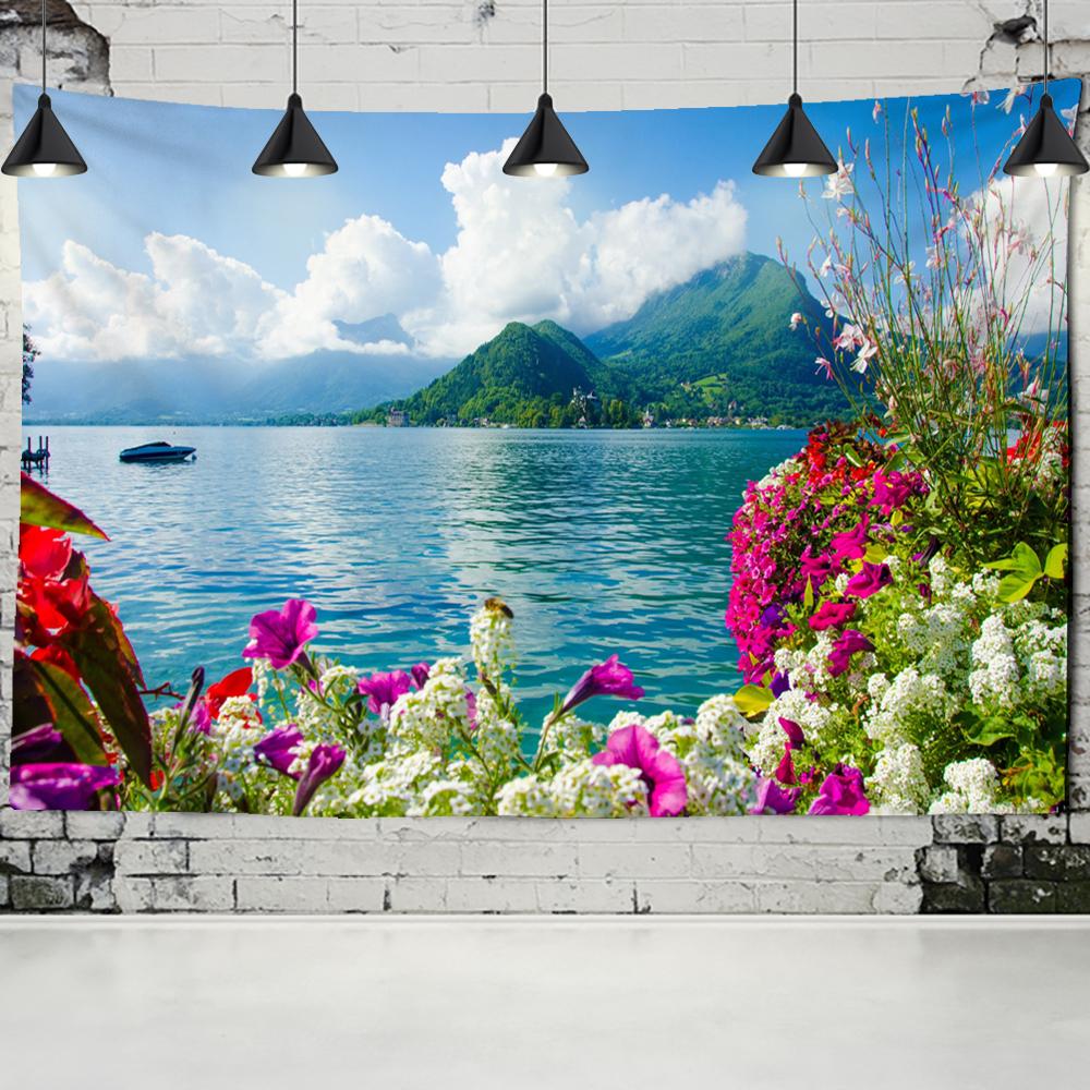 Wandteppich mit grünen Bergen und grünem Wasser, zum Aufhängen, böhmische Naturlandschaft, bunte Tischmatte, Wohnzimmer-Dekoration