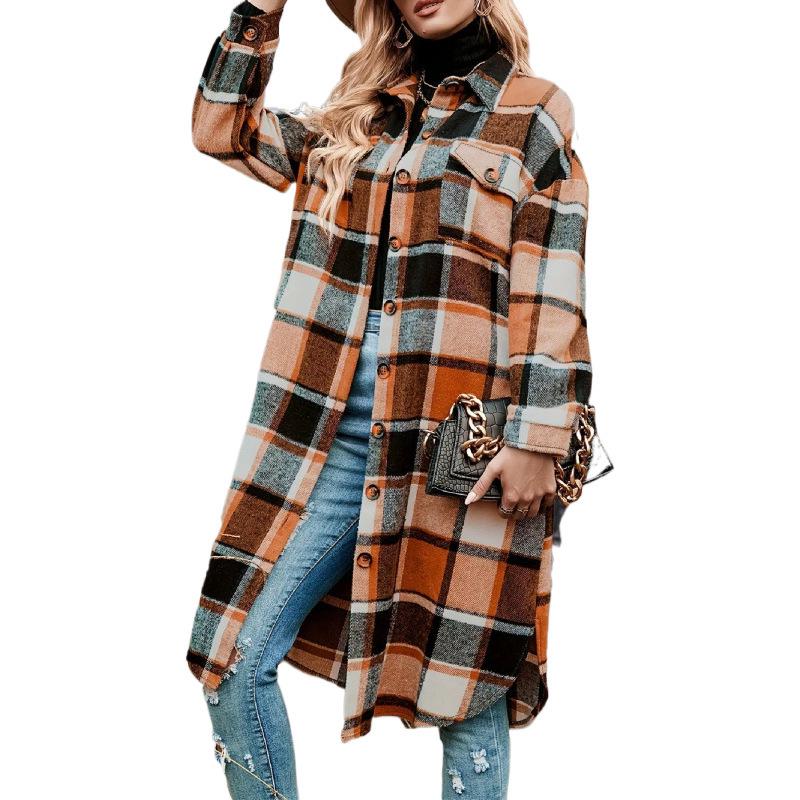 Women's Mid-Length Plaid Long Sleeve Loose Woolen Coat for Autumn/Winter, Plus Size