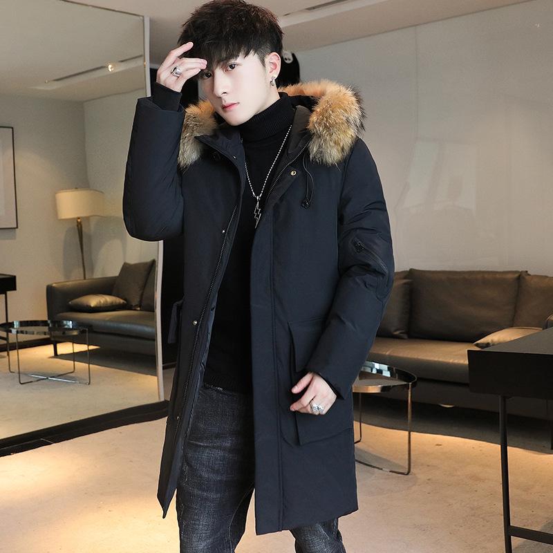 

Men s Winter Fur Collar Hooded Mid-Length Casual Cotton Coat XL чорний