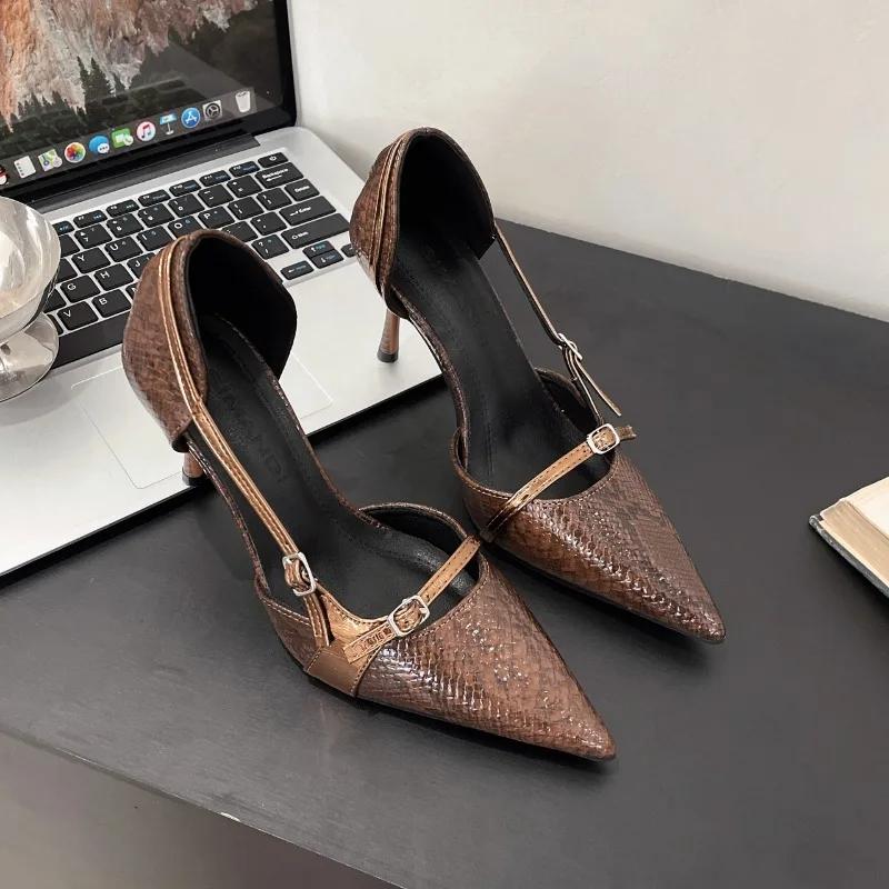 New Pointed Toe Snakeskin Stiletto Heels Summer  Women's Retro Shallow Mouth Metal Buckle Hollow Non-slip Single Shoes