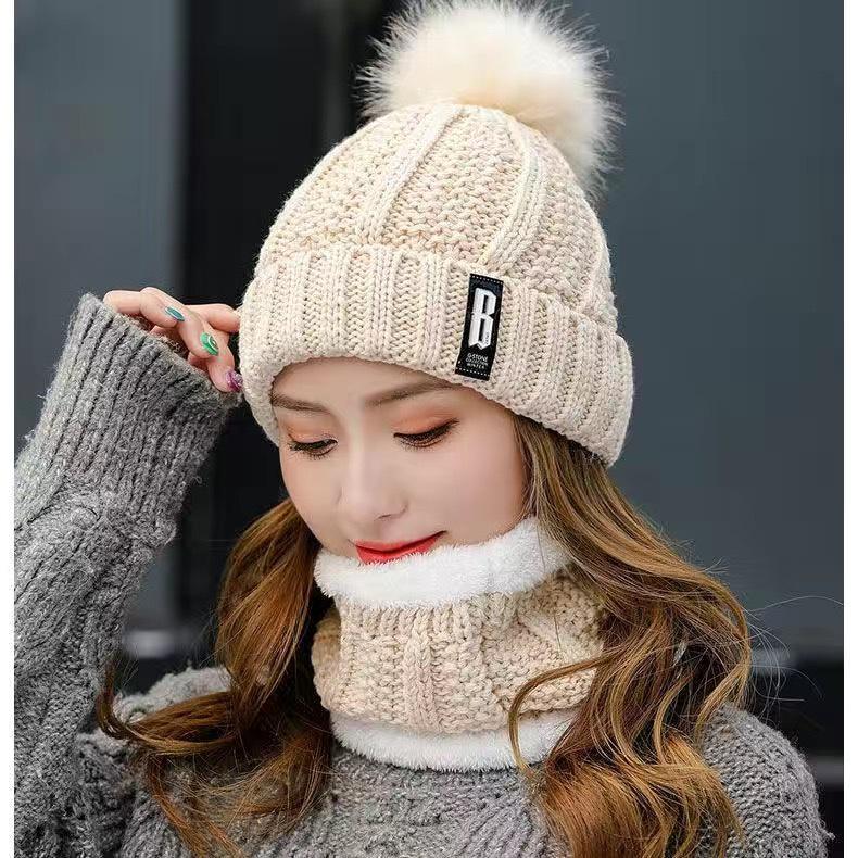 Women's Korean Wool Winter Hat with Thick Scarf and Knitted Ear Protection for Warmth During Cycling