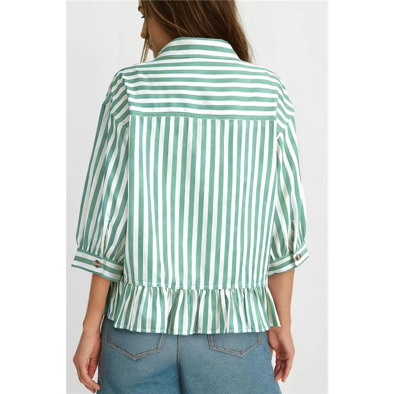 Casual Button Seven Quarter Sleeve Commuting Striped Shirt