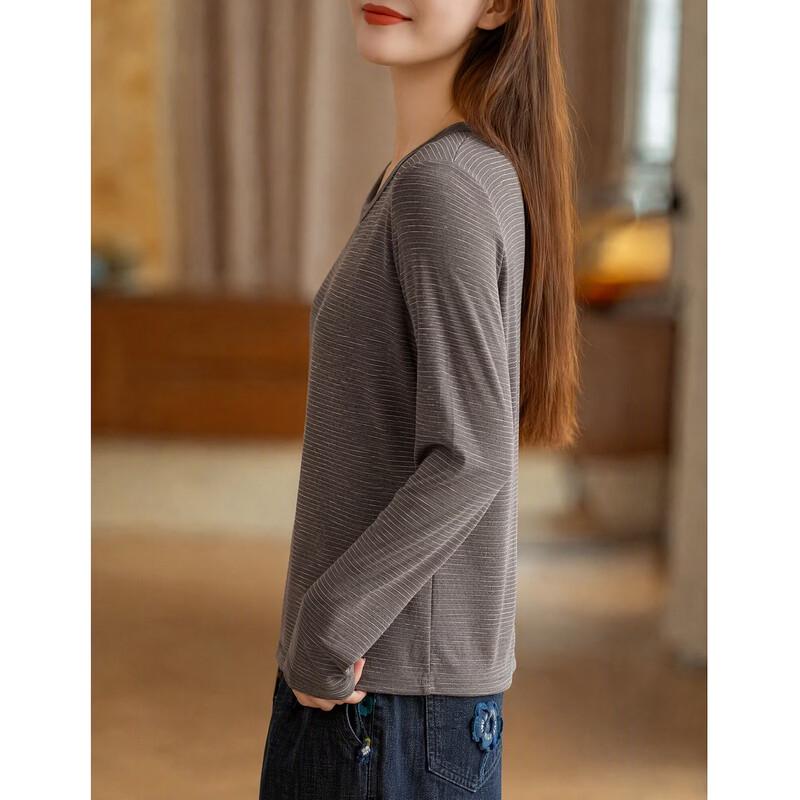 Demana Women's Autumn Striped Long-Sleeve Crew Neck T-Shirt