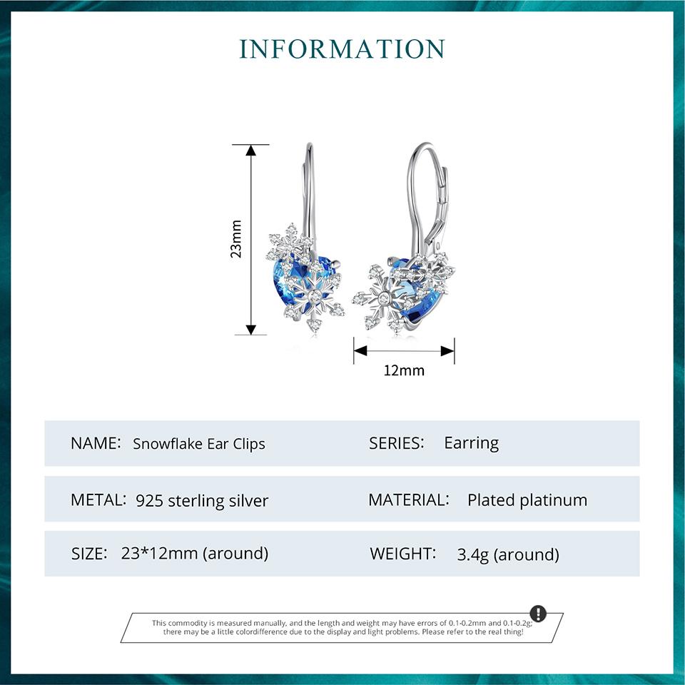 BAMOER 925 Sterling Silver Delicate Snowflake Ear Clips Blue Crystal Heart Ear Buckles for Women Birthday Gift Fine Jewelry