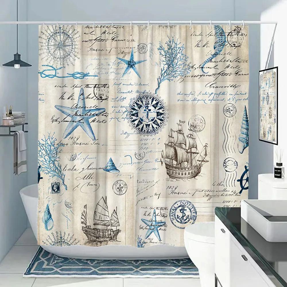 Octopus Shower Curtain Nautical Ocean Sea Turtle Beach Coastal Blue Fish Seashell Jellyfish Fabric Bath Curtains Bathroom Decor