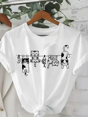 Anima 90s Manga Climb Cute Cat Design Print T-shirt Short Sleeve Crew Neck Women's Clothing Top Tee