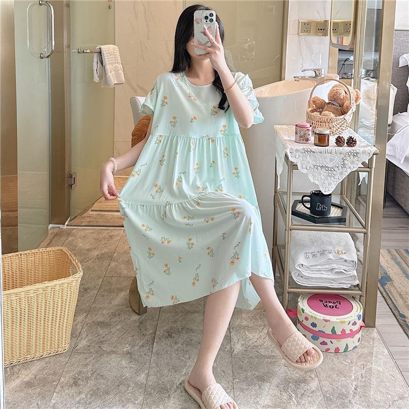 Cotton and silk nightgown women's spring and autumn casual short-sleeved large-size printed pajamas summer thin high-end cotton loungewear