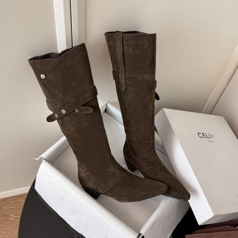 European and American new pointed Martin boots solid color leather large size women's boots sleeve autumn and winter large tube circumference cow