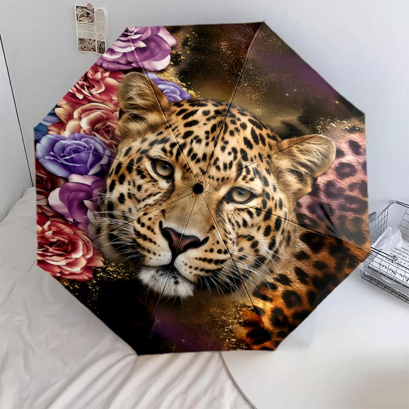 1 PC Automatic Folding Umbrella - Golden Leopard Pattern, Portable & Foldable Design with 8 Ribs, Christmas Birthday Gifts