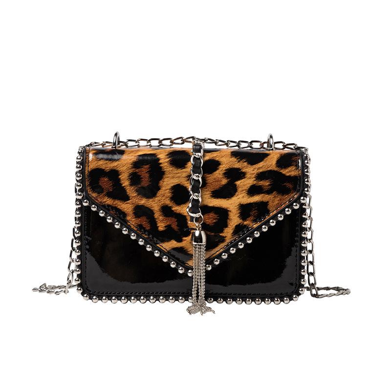 

Bag Women s 2025 New Black Fashion One Shoulder Crossbody Bag Rivet Chain Small Square Bag Leopard Print Tassel Bag цветной печати леопарда