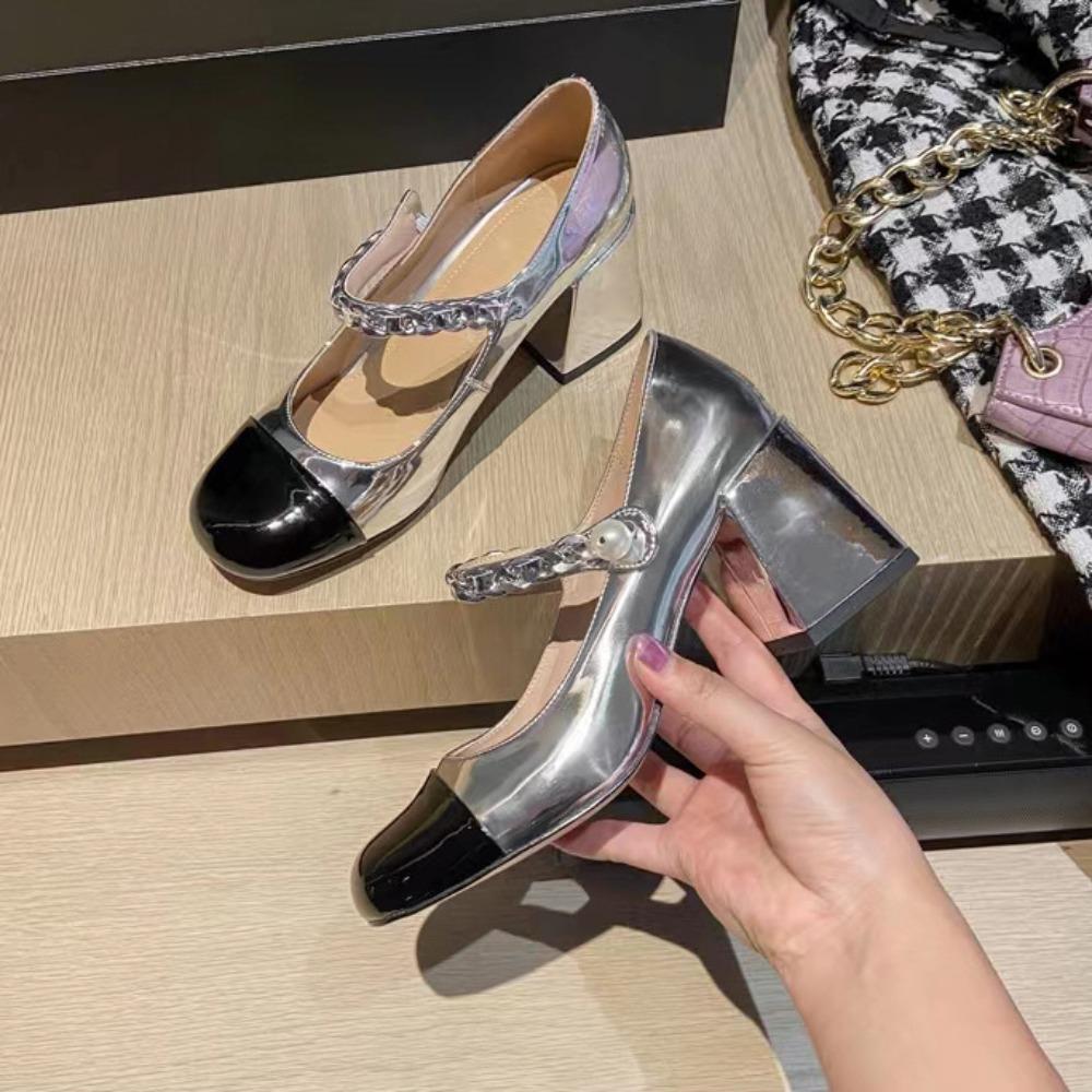 2025 New Tweed Patchwork Mary Jane Shoes for Women - Chic Pearl Embellished Chunky Heel High-Heel Single Shoes