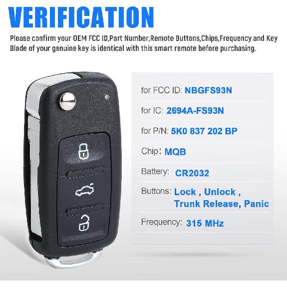 Car Key Fob Keyless Entry Remote Control Replacement for VW Volkswagen Jetta Passat 2017 2018 2019 FCC ID:NBGFS93N P/N:5K0837202BP MQB Chip 3+1