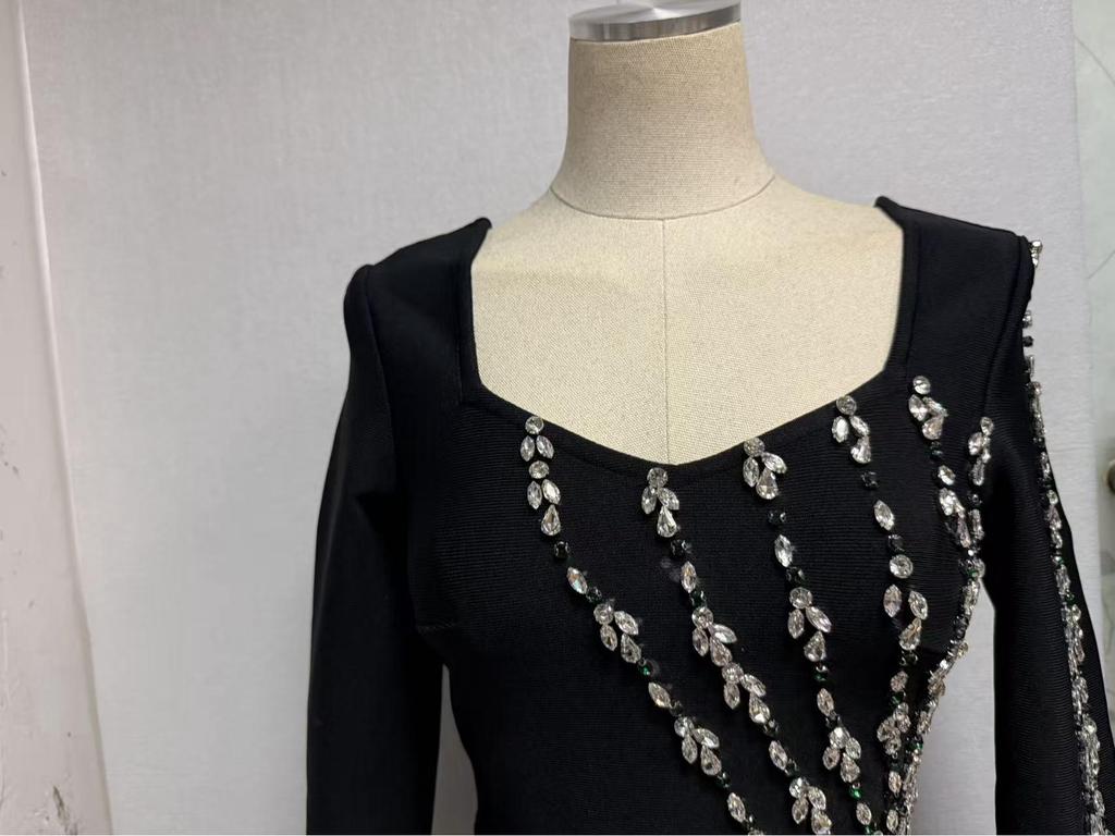 2025 Diamond-Studded Bandage Evening Dress – Sexy Long-Sleeved European & American Style