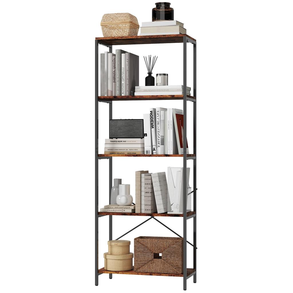 5-Tier Bookshelf, Industrial Bookcase with Metal Frame - Rustic Brown and Black