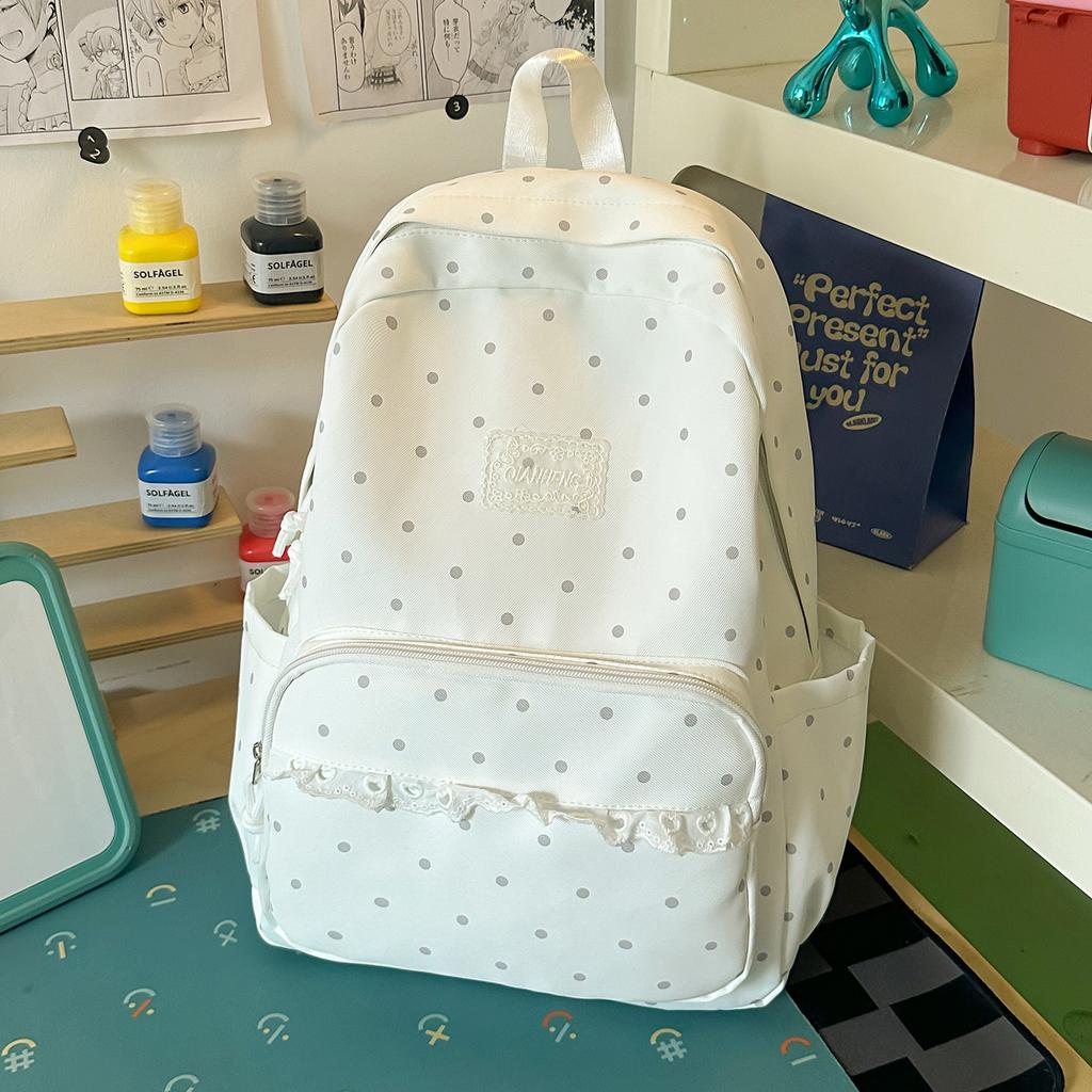 Schoolbag Milk White Polka Dot Backpack ins Niche Middle and High School Elementary School Bag Women's Lace Light Casual Backpack
