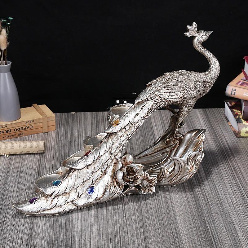 

European Vintage Rustic Peacock Wine Rack Resin Sculpture Desktop Decor Unique Home Living Room Wine Holder 54X19X34cm