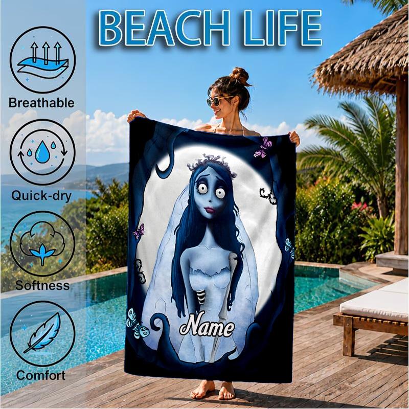 Custom Name Corpse Bride Art Heart In Space Adventure Microfiber Beach Towel, Lightweight for Summer Travel, Swimming Pool Fan Gift