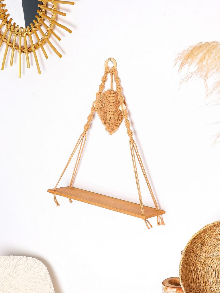 Schwebendes Wandregal mit gewebter Quaste in Blattform, Pflanzen-/Blumentopf-Tablett, Holz-Präsentationsständer, Boho-Modern-Heimdekoration, Wanddekoration