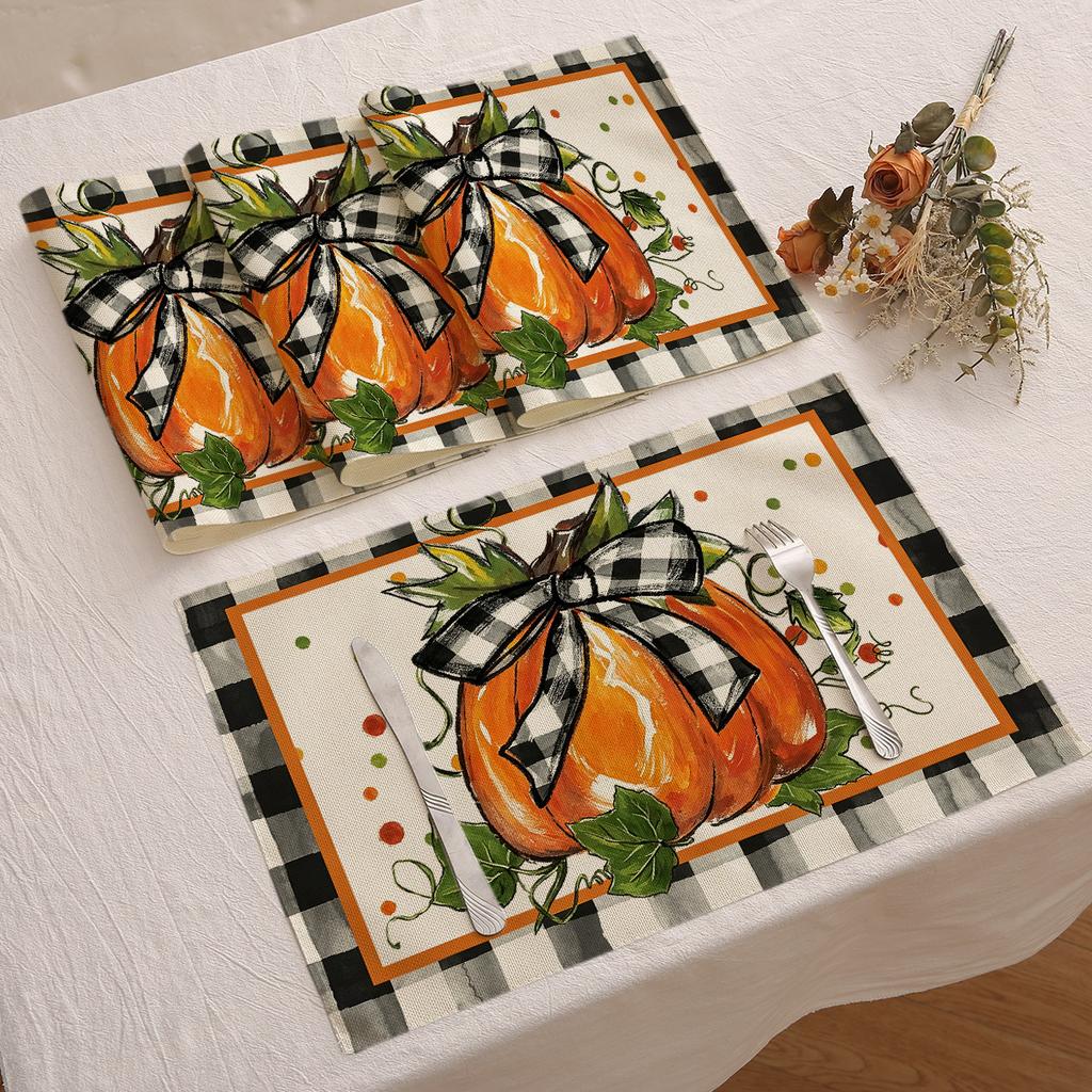 4PCS Thanksgiving Polyester Placemat Autumn Pumpkin Print Tablecloth Gnome Skull Atmosphere Decorative Insulation Mats 30x45cm