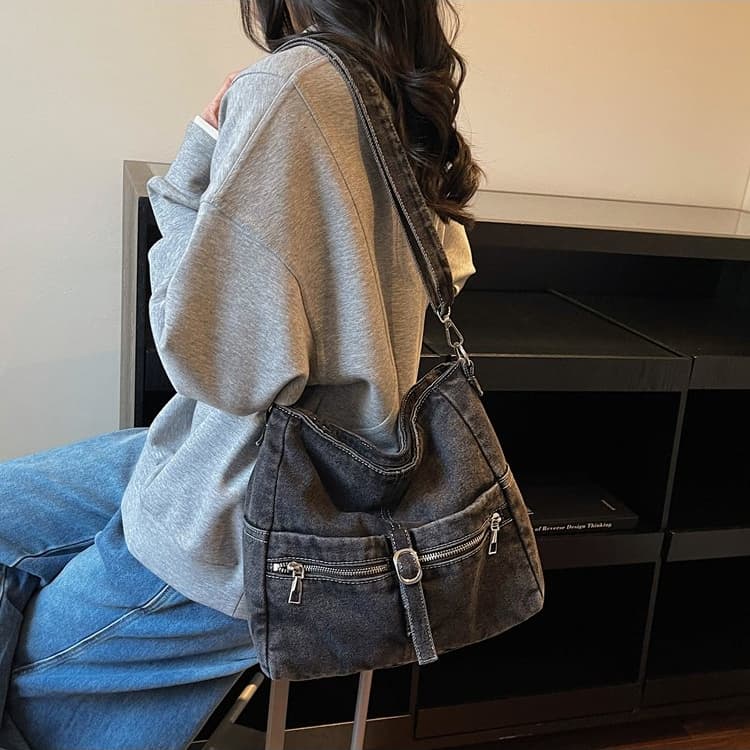 Vintage gewaschene Denim-Tasche mit großem Fassungsvermögen