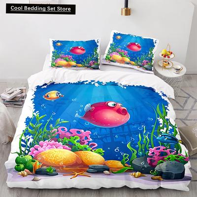 Unterwasserwelt Königin Bettbezug Cartoon Ozean Tier Bettwäsche-Set für Kinder Fisch Koralle Meeresleben Weiche Polyester Steppdecke