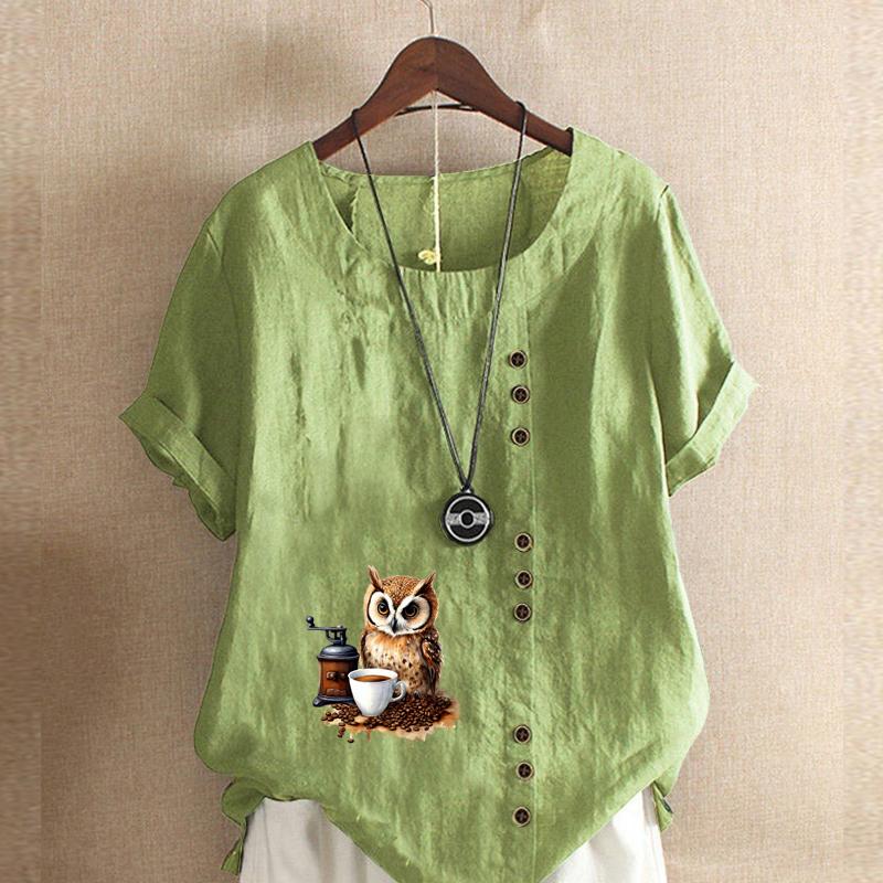 Women's Fashion Owl Prined Short Sleeve T-shirt Loose Cotton Shirt Casual Loose Summer Blouse Tops Plus Size