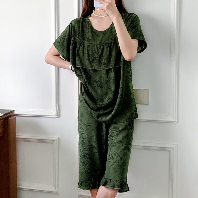 1011 New anti-bump cotton and silk pajamas women's summer ultra-thin short-sleeved trousers cotton and silk set large-size loungewear