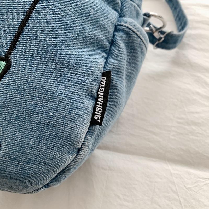 Women Cartoon Embroidery Denim Tote Bag Carry Handbag with Detachable Crossbody Strap Large Capacity Washed Jean Casual Daily Shopping Messenger