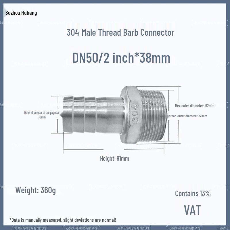 1" Hexagonal Barb Connector, 304 Stainless Steel for Water Pipe Hose, 316 Male Thread Plug
