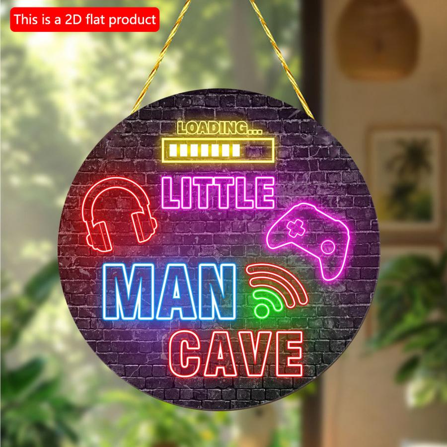 2D Flat 20*20cm 1pc Loading Little Man Gave Imitation of Neon Headphones Game Console Pattern Round Wooden Decor, Technology-sense Design Style