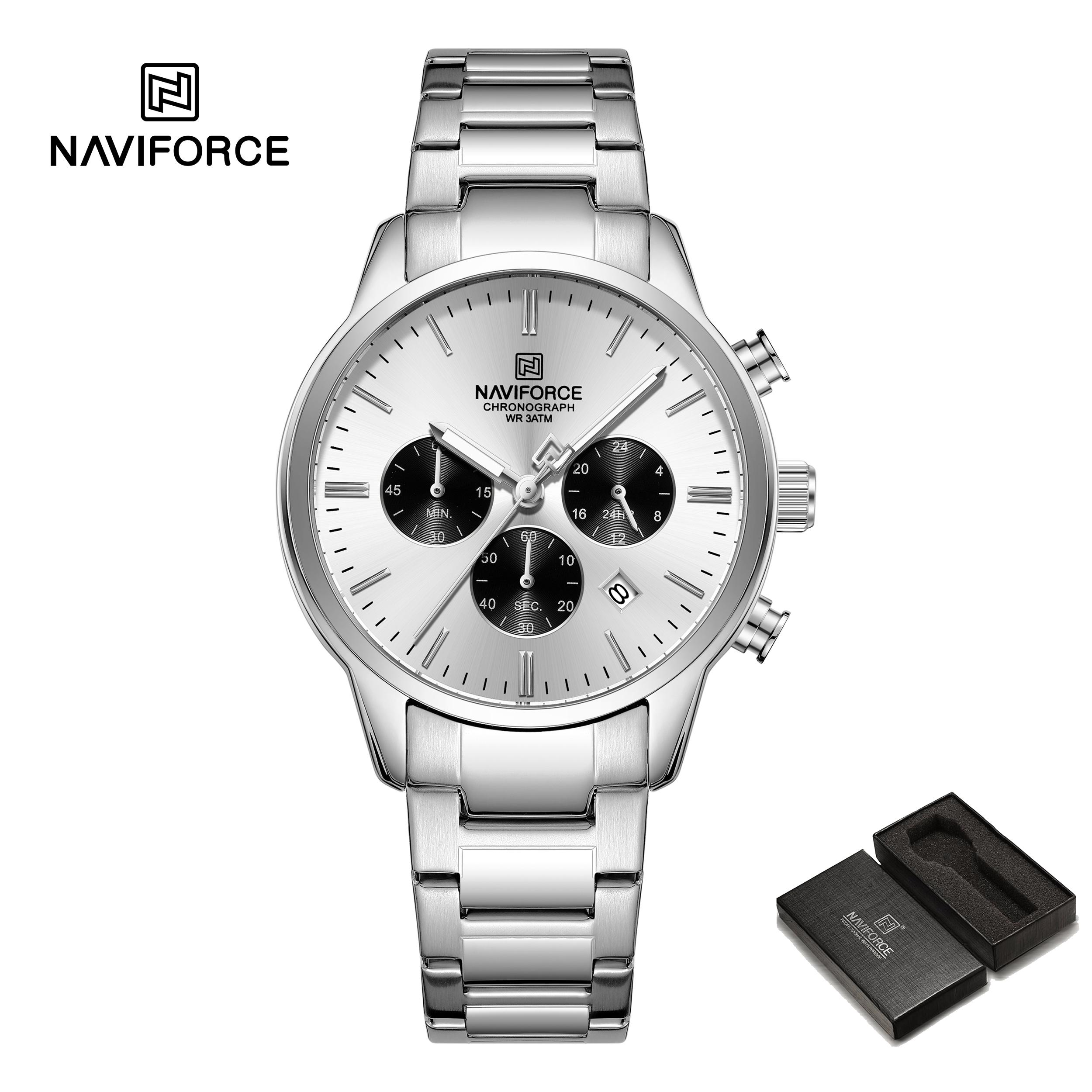 

NAVIFORCE Fashion Chronograph Watch for Men Date Stopwatch Stainless Steel Strap Waterproof Quartz Luminous Hands Men s Casual Watch NF8076 срібний