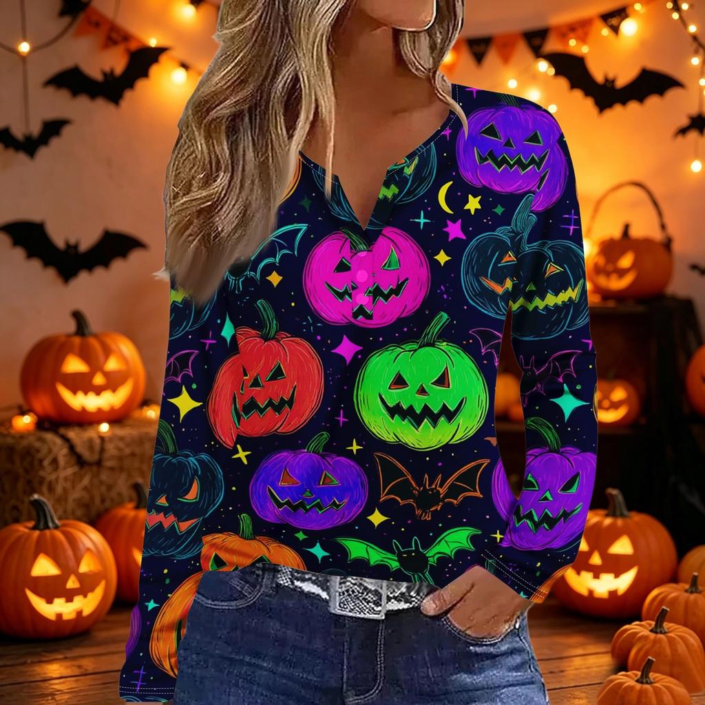 Women's Halloween Print Long Sleeve V Neck Button Detail Casual T Shirt Top with Festive Graphic Design for Seasonal Wear