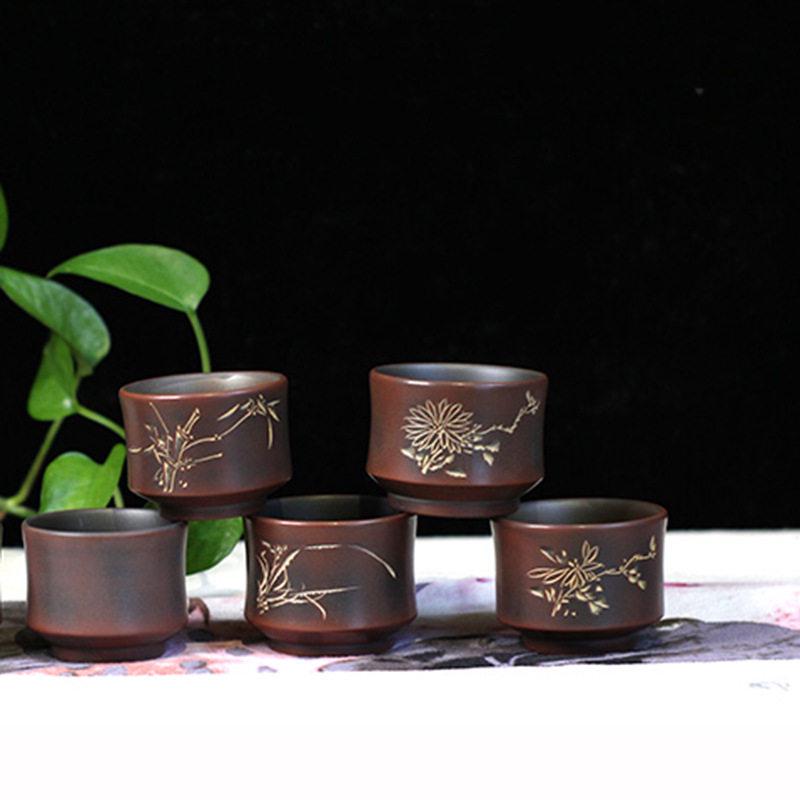 Nixing Pottery Zen Tea Cup - Small Plum Orchid Bamboo Chrysanthemum Design 50ml