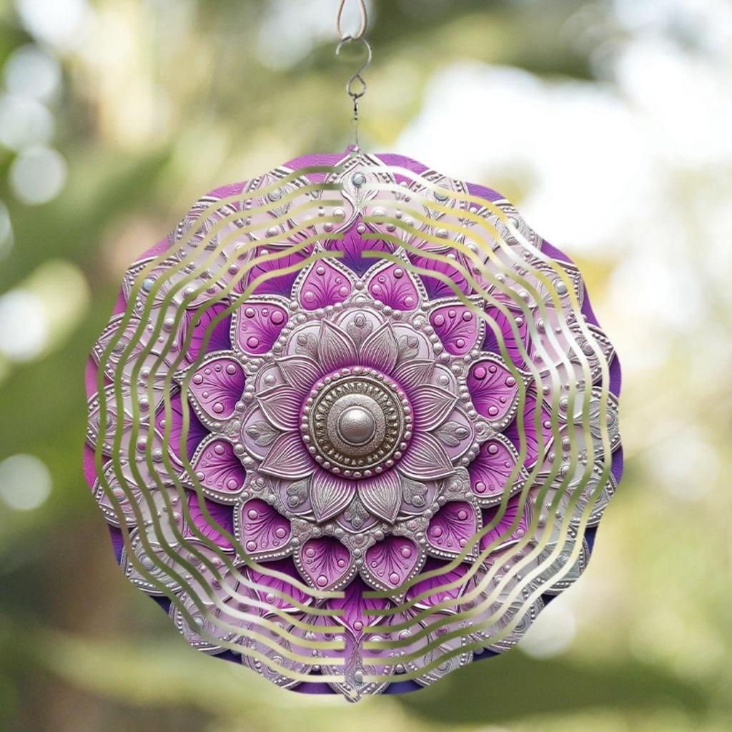 1pc 2D Pink Purple Mandala Wind Chime - Intricate Metal Hanging Spinner for Garden and Patio Decor, Outdoor Ornament with Floral Patterns