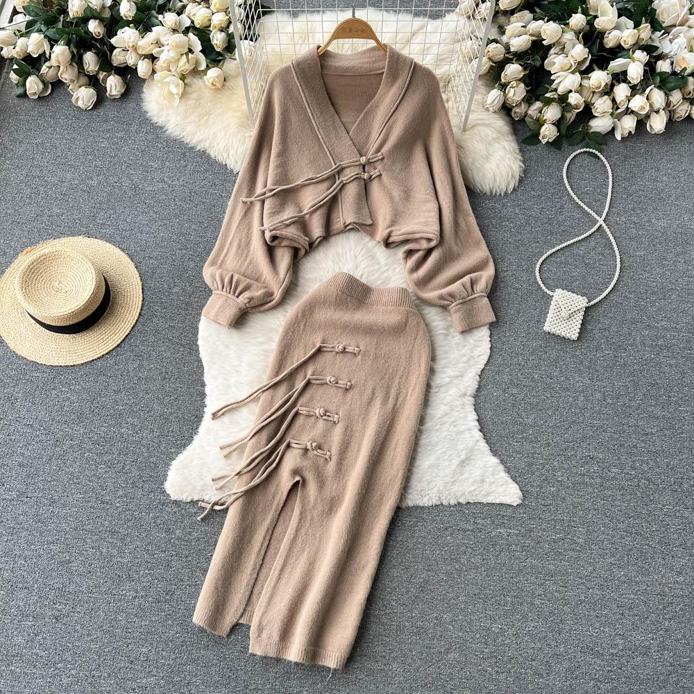 Podzimní a zimní pletený retro svetr s knoflíky na cívku + rozparková boková sukně do půl těla dvoudílný set