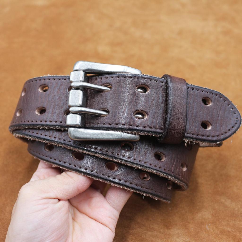 Herren Europäischer & Amerikanischer Doppel-Dornschließe Italienischer Motorradstil Rindsleder Gürtel