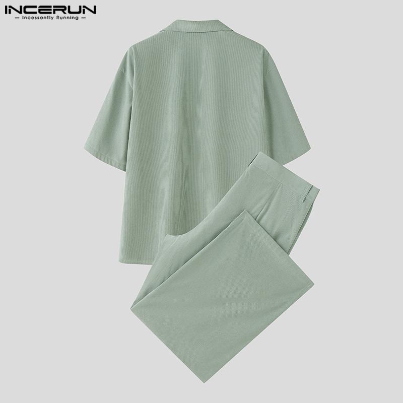 INCERUN 2PCS Men Lapel Neck Corduroy Short Sleeve Shirt Long Straight Pants Sets Outfits
