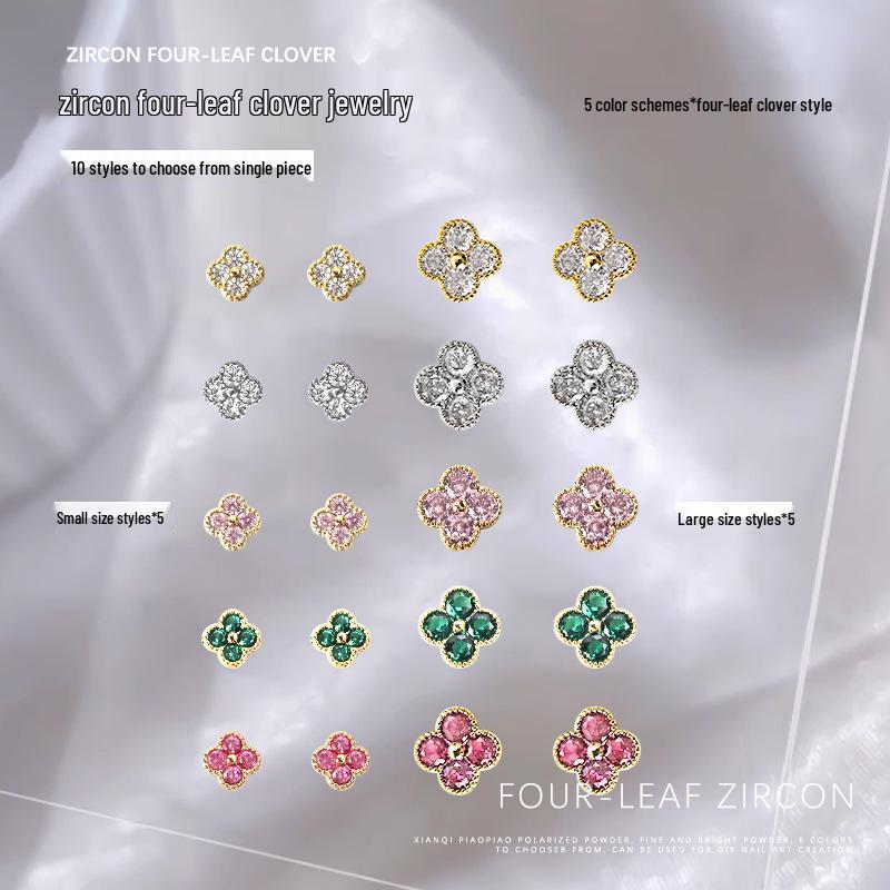 

Lucky Clover Zircon Alloy Nail Art Jewelry – 3D Metal Inlaid Mini Diamond Decorations