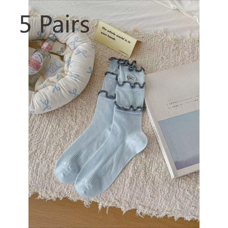 

5 пар женских летних тонких дышащих хлопковых кружевных носков с бантом в трубе 5 Pairs небесно-голубой