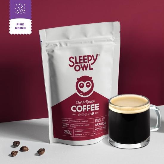 Sleepy Owl Dark Roast Ground Coffee | Fine Grind Coffee | Suitable for Moka Pot, Home Espresso Brewing | 100% Arabica | 250g