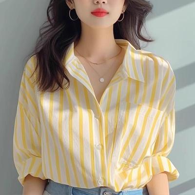 Women's Off-White and Yellow Striped Shirt, European Style, Fashionable Spring/Autumn Blouse, Sun Protection for Seaside